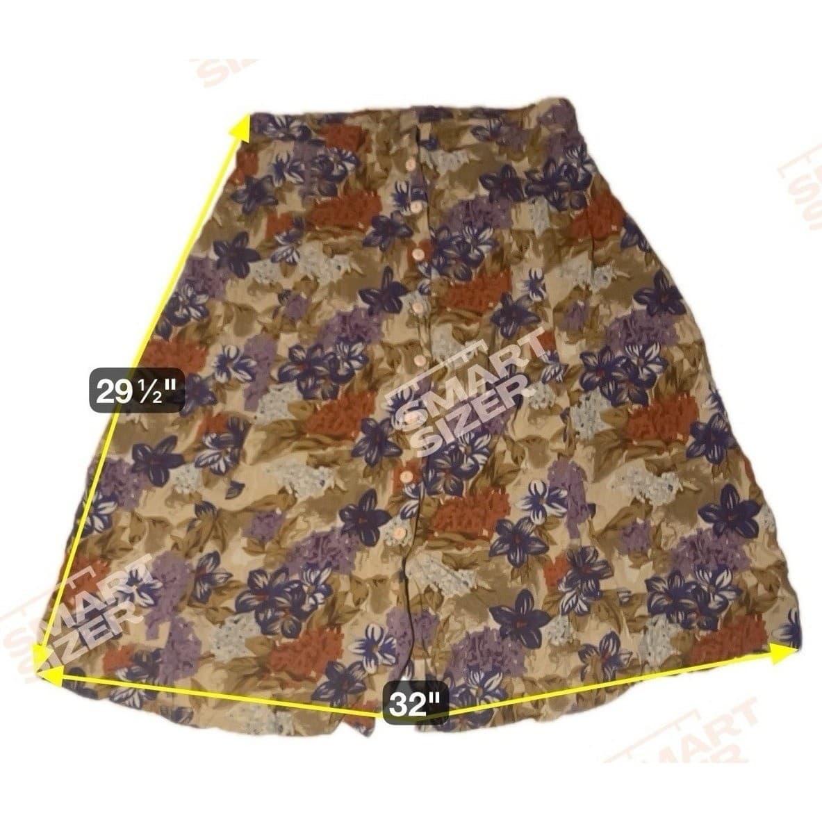 Floral Button Front Midi Skirt, Tan Blue Orange High Waist, Elastic Back Vintage - Thumbnail 2