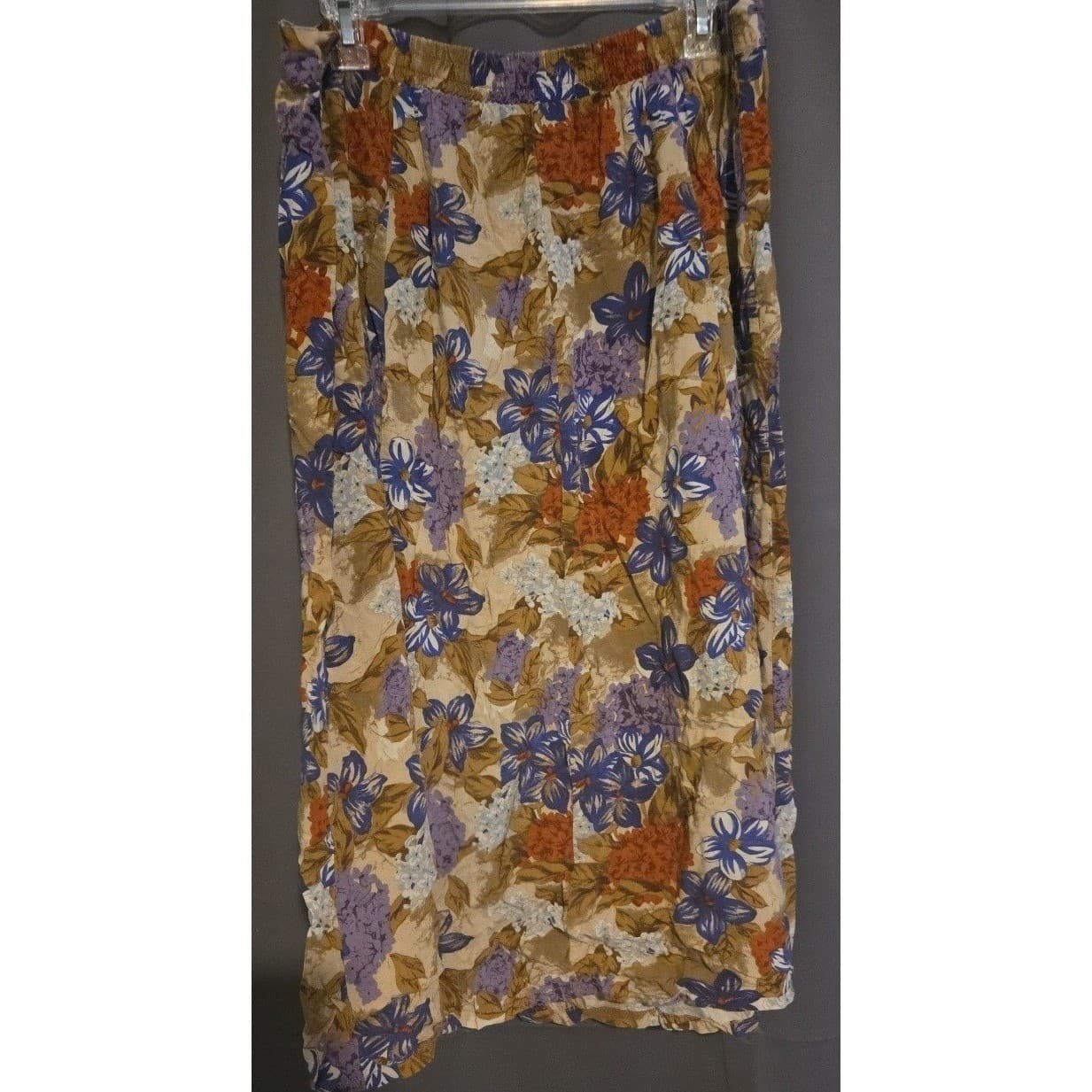 Floral Button Front Midi Skirt, Tan Blue Orange High Waist, Elastic Back Vintage - Thumbnail 4