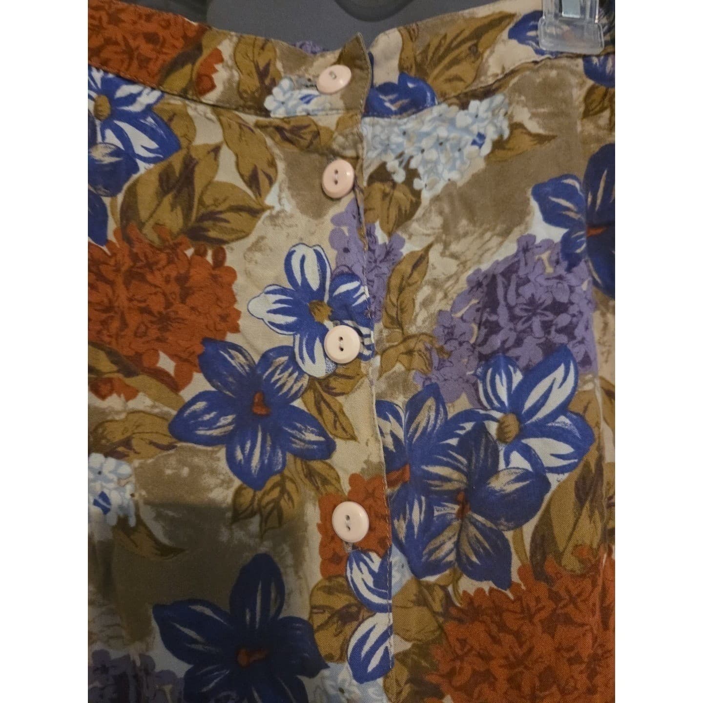 Floral Button Front Midi Skirt, Tan Blue Orange High Waist, Elastic Back Vintage - Thumbnail 5