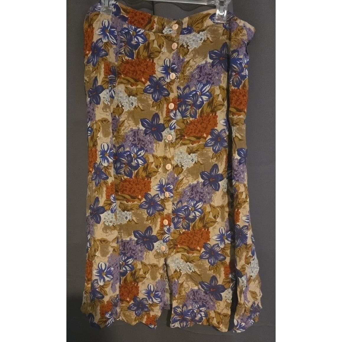 Floral Button Front Midi Skirt, Tan Blue Orange High Waist, Elastic Back Vintage - Thumbnail 3
