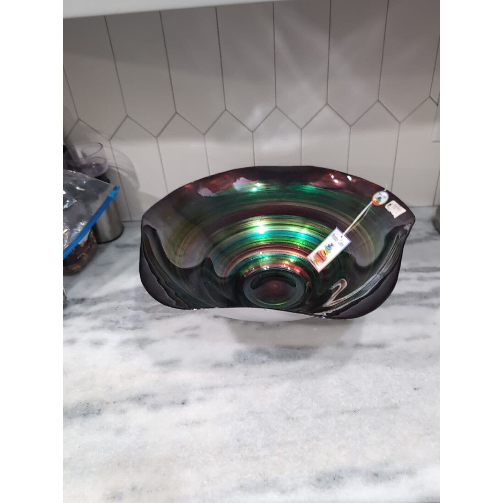 Hand Decorated Large Glass Bowl, Happy Color Glass Bowl, 17.5" D, Turkish Made - Thumbnail 3