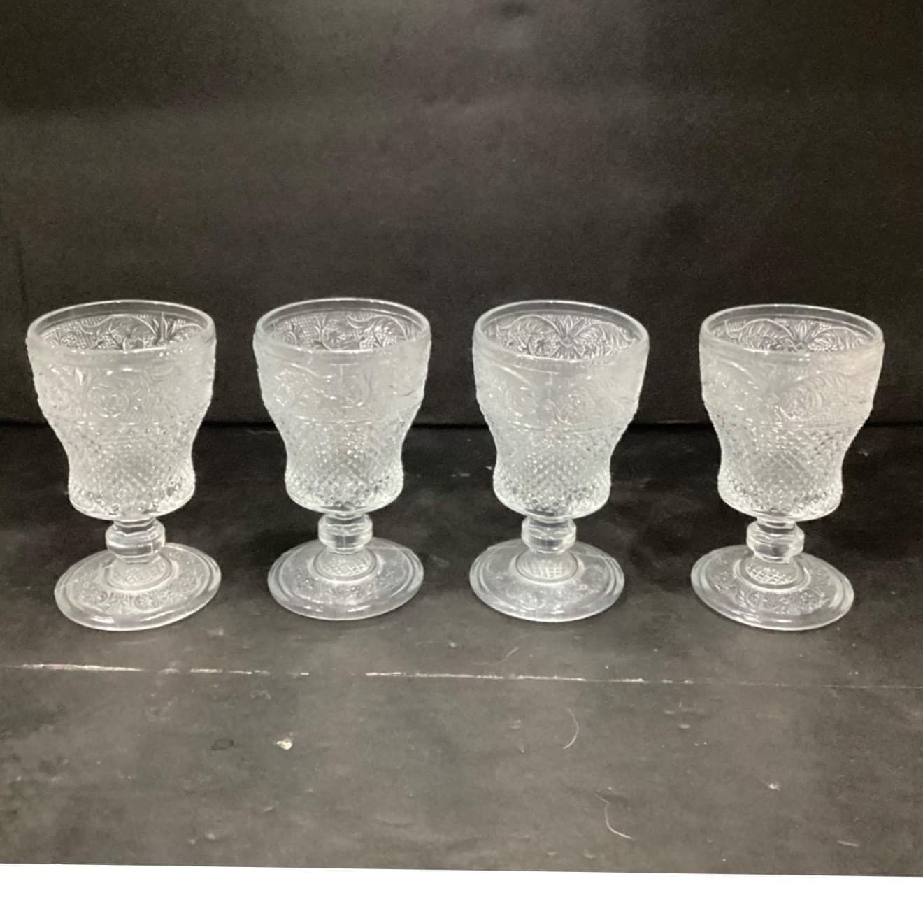 American Provincial Wine Glasses, Set of 4, VIntage Diamond Point Scroll Design - Thumbnail 6