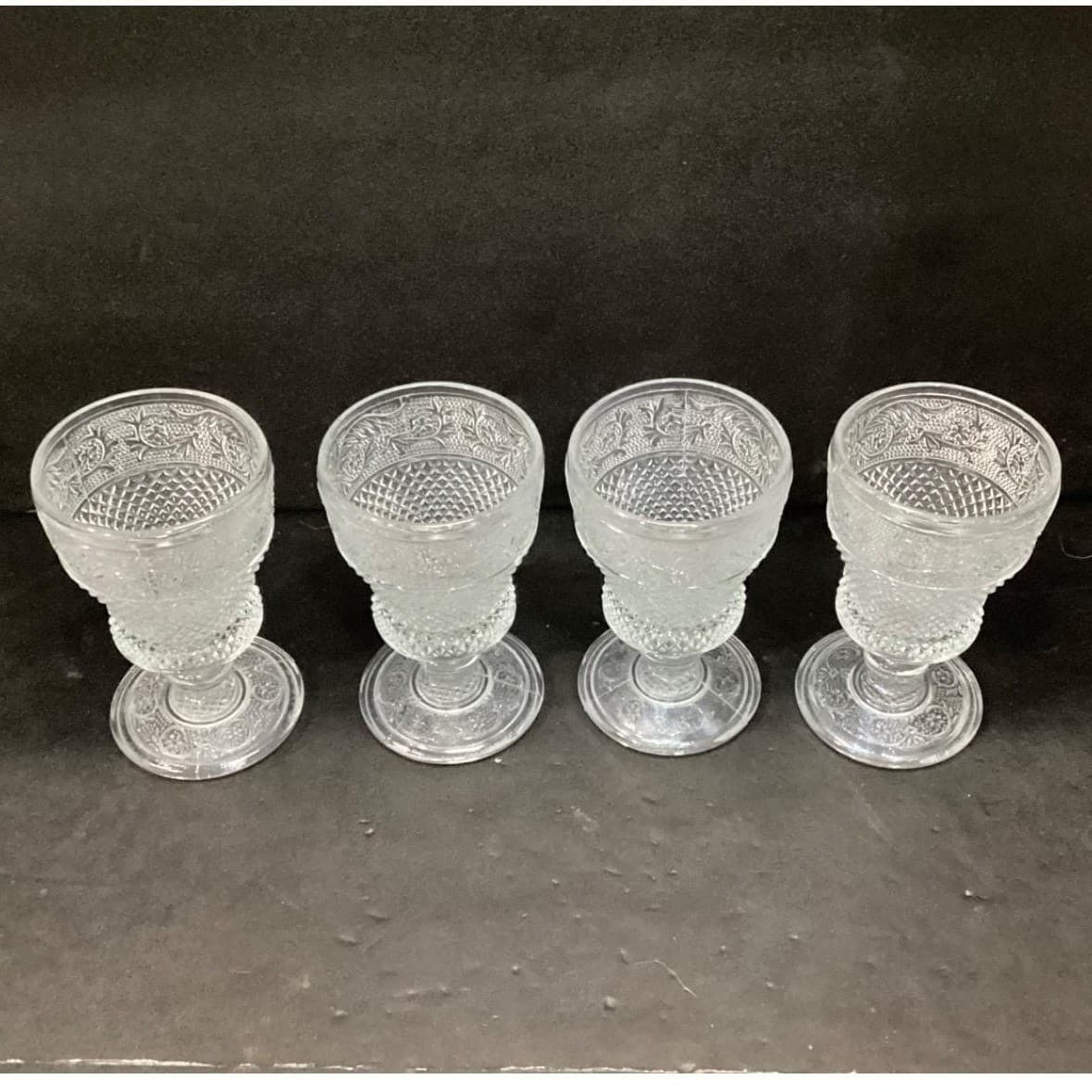 American Provincial Wine Glasses, Set of 4, VIntage Diamond Point Scroll Design - Thumbnail 3