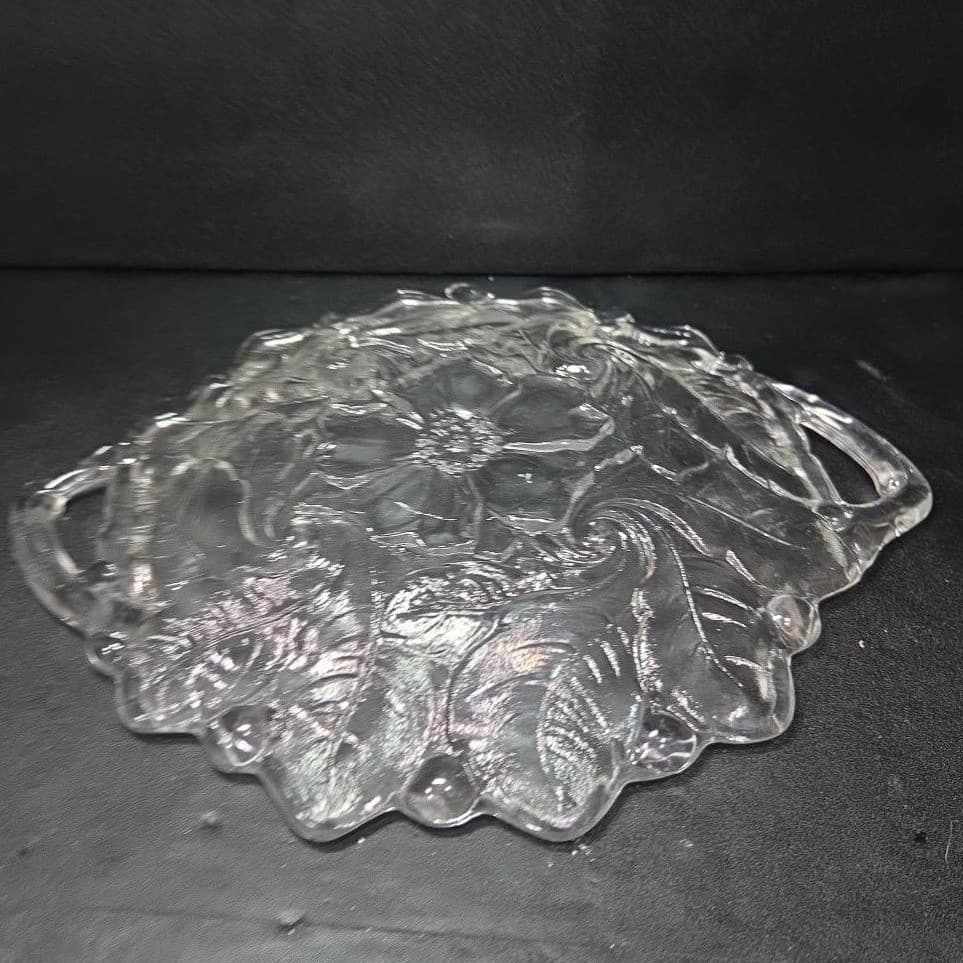Indiana Glass Handled Serving Tray, Vtg Embossed Wild Roses Design, Centerpiece - Thumbnail 10
