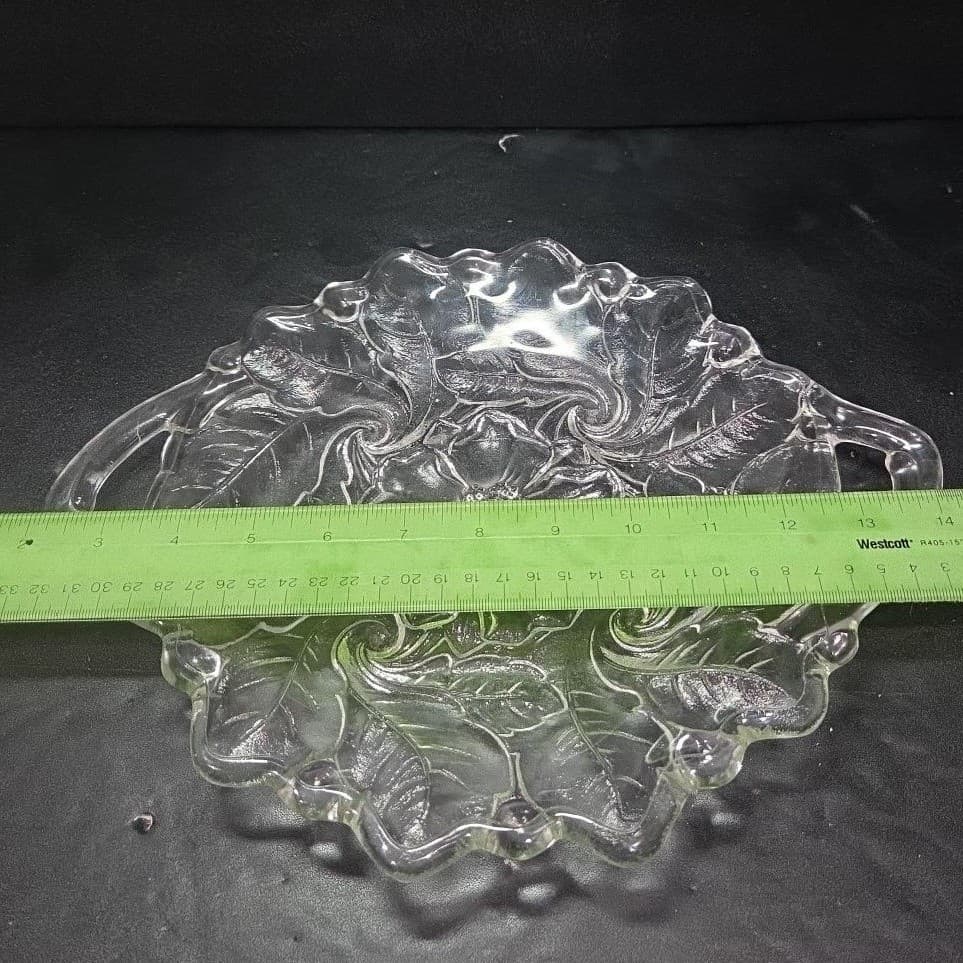 Indiana Glass Handled Serving Tray, Vtg Embossed Wild Roses Design, Centerpiece - Thumbnail 5