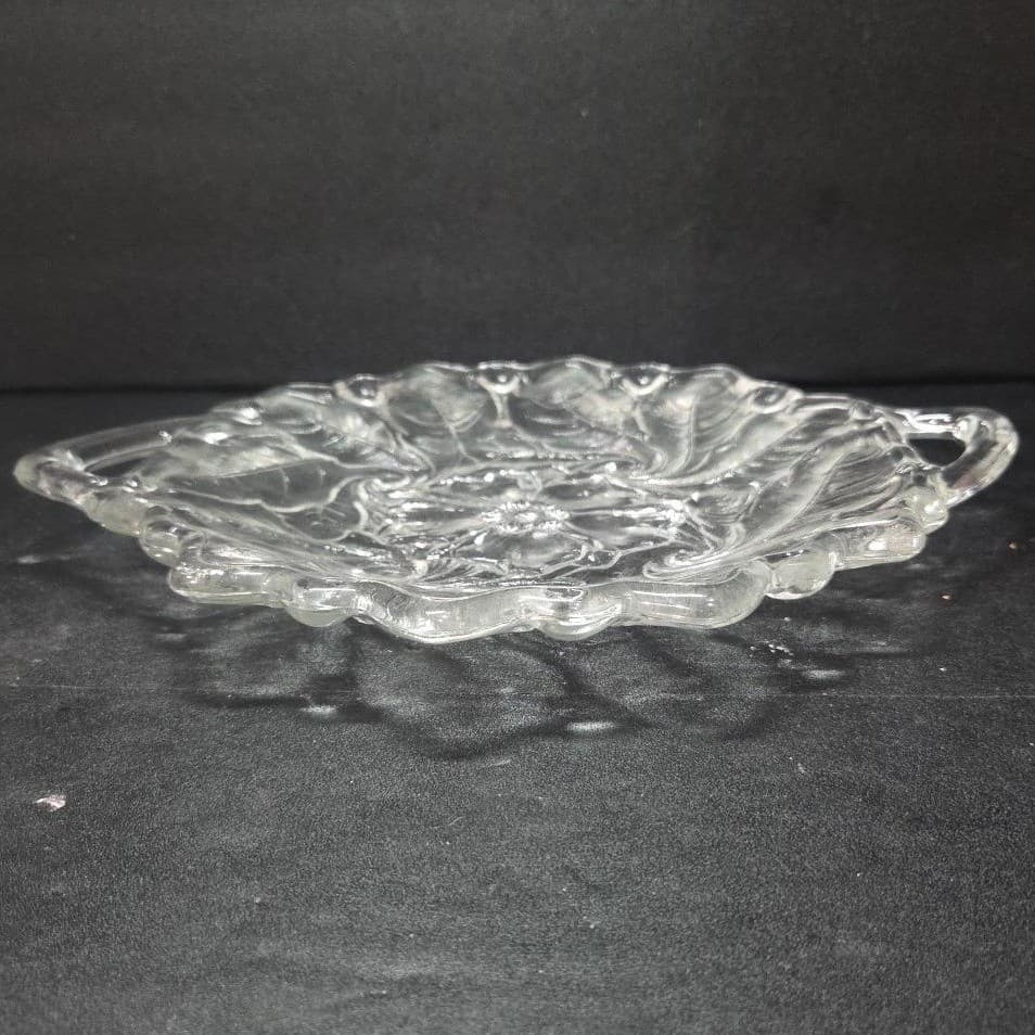 Indiana Glass Handled Serving Tray, Vtg Embossed Wild Roses Design, Centerpiece - Thumbnail 2