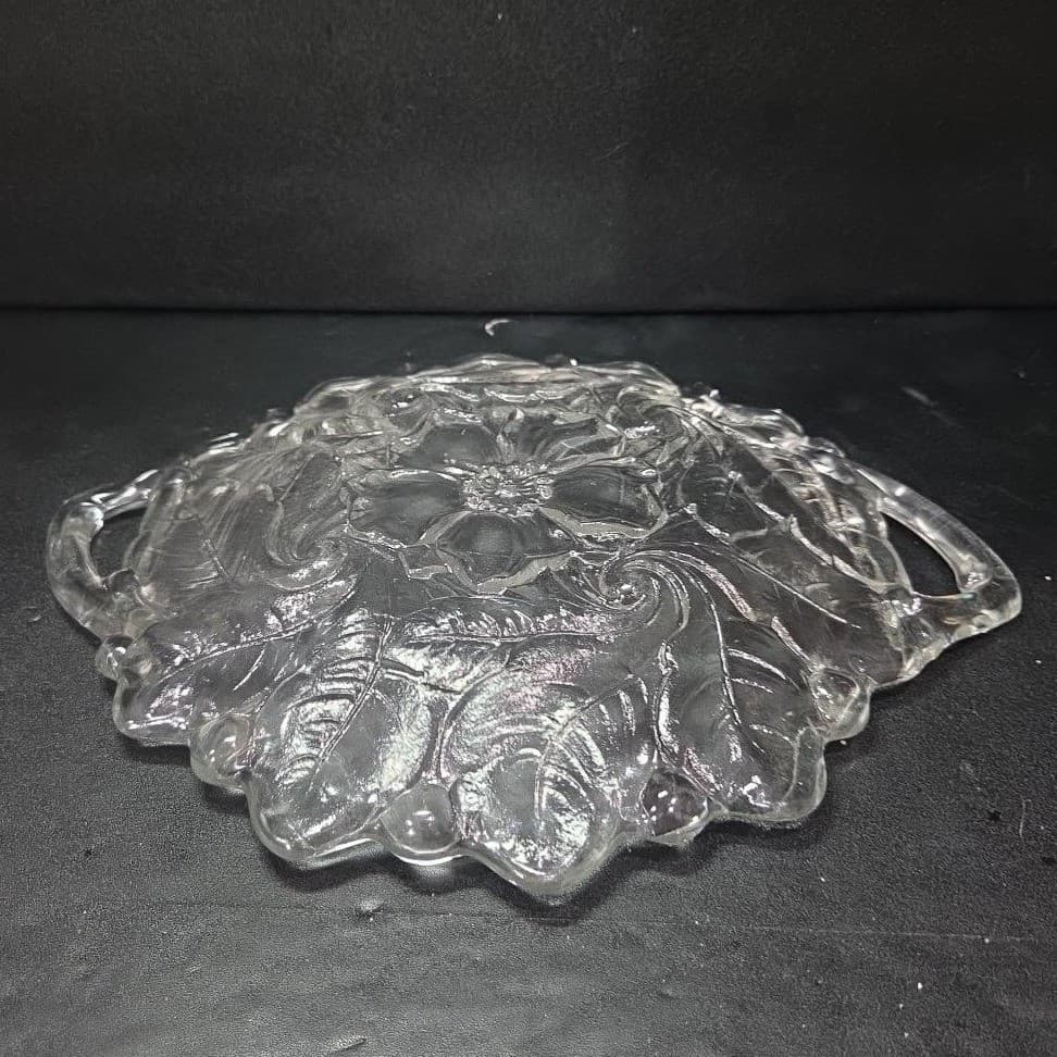 Indiana Glass Handled Serving Tray, Vtg Embossed Wild Roses Design, Centerpiece - Thumbnail 8