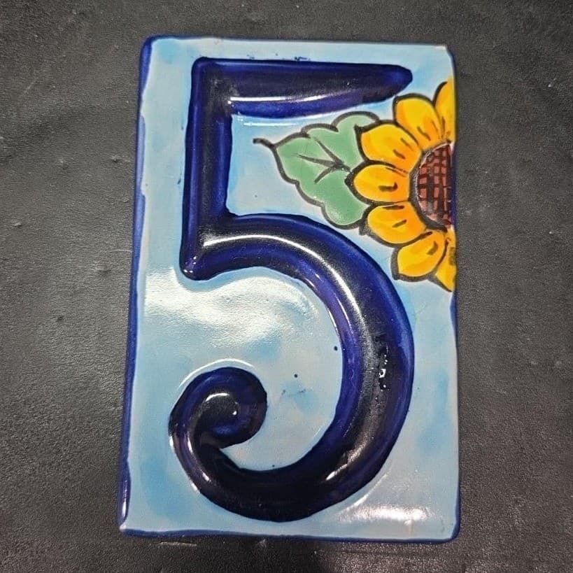 Talavera Sunflower House Number Tile, High Relief #5, Mexican Address Plaque - Thumbnail 2