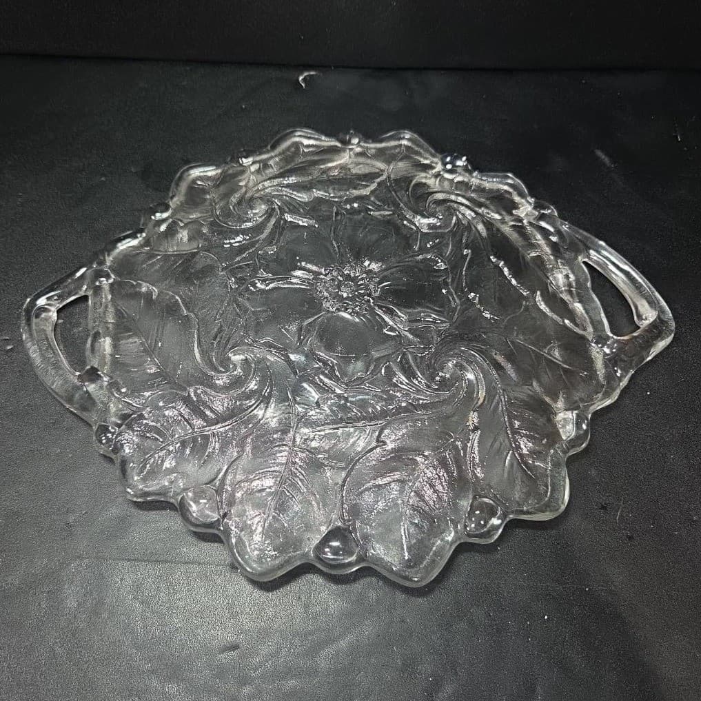 Indiana Glass Handled Serving Tray, Vtg Embossed Wild Roses Design, Centerpiece - Thumbnail 4