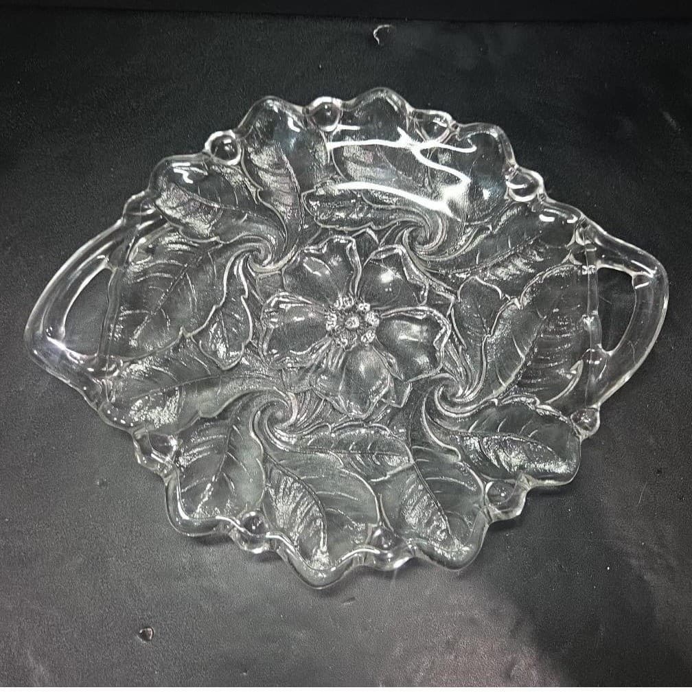 Indiana Glass Handled Serving Tray, Vtg Embossed Wild Roses Design, Centerpiece - Thumbnail 3