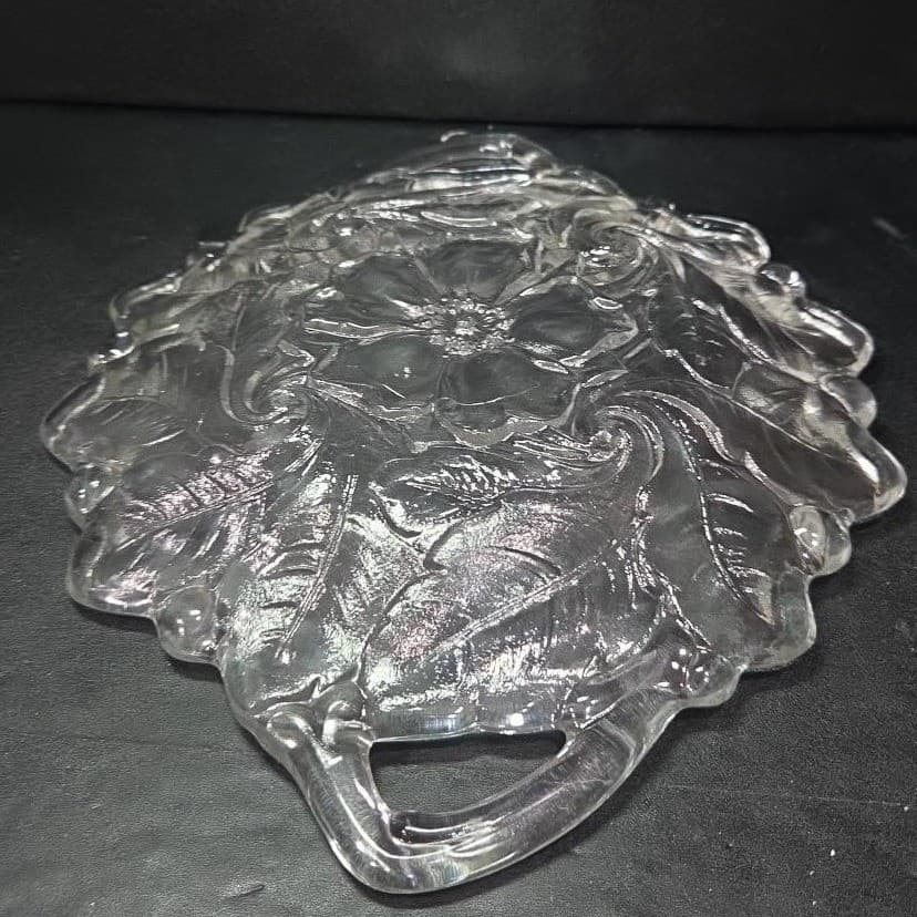 Indiana Glass Handled Serving Tray, Vtg Embossed Wild Roses Design, Centerpiece - Thumbnail 11