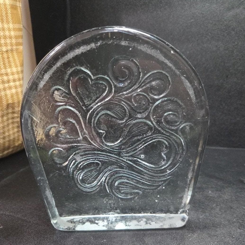 Blenko Glass Twisted Hearts Bookends, Set of 2, Vintage Clear Art Block Dividers - Thumbnail 4