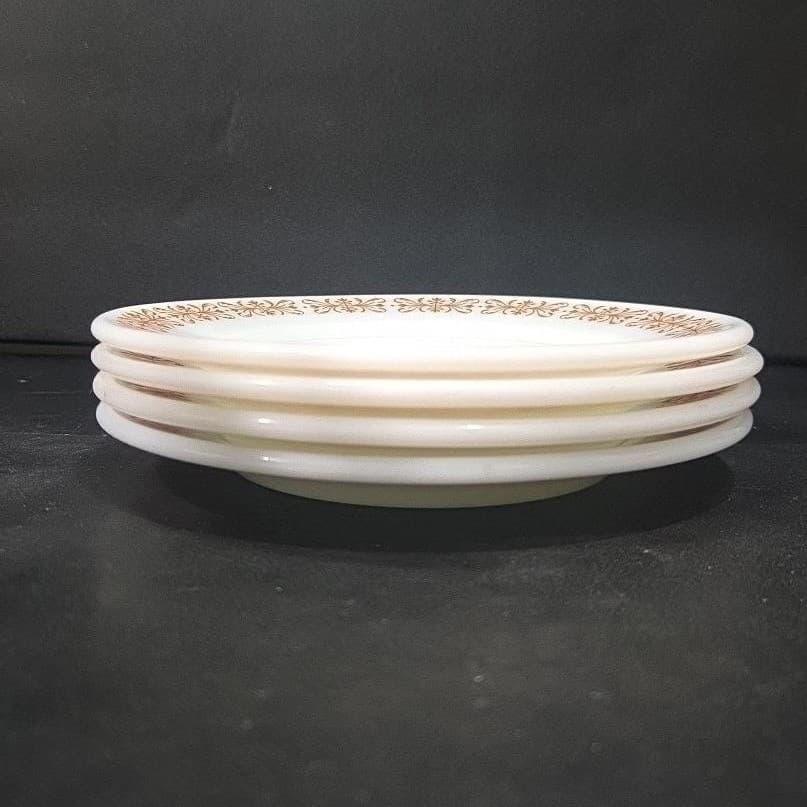 Pyrex Milk Glass Salad Plates, Set of 4, Vtg Copper Filigree Design, Dinnerware - Thumbnail 8