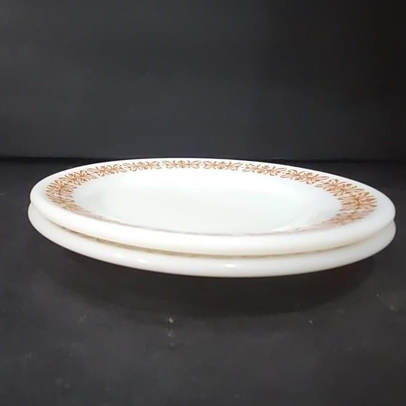 Pyrex Milk Glass Salad Plates, Set of 2, Vtg Copper Filigree Design Dinnerware - Thumbnail 8