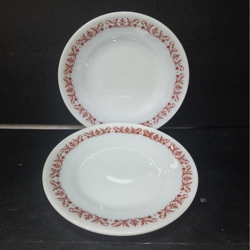 Anchor Hocking Milk Glass Salad Plates #947, Set of 2 Copper Filigree Dinnerware - Thumbnail 2