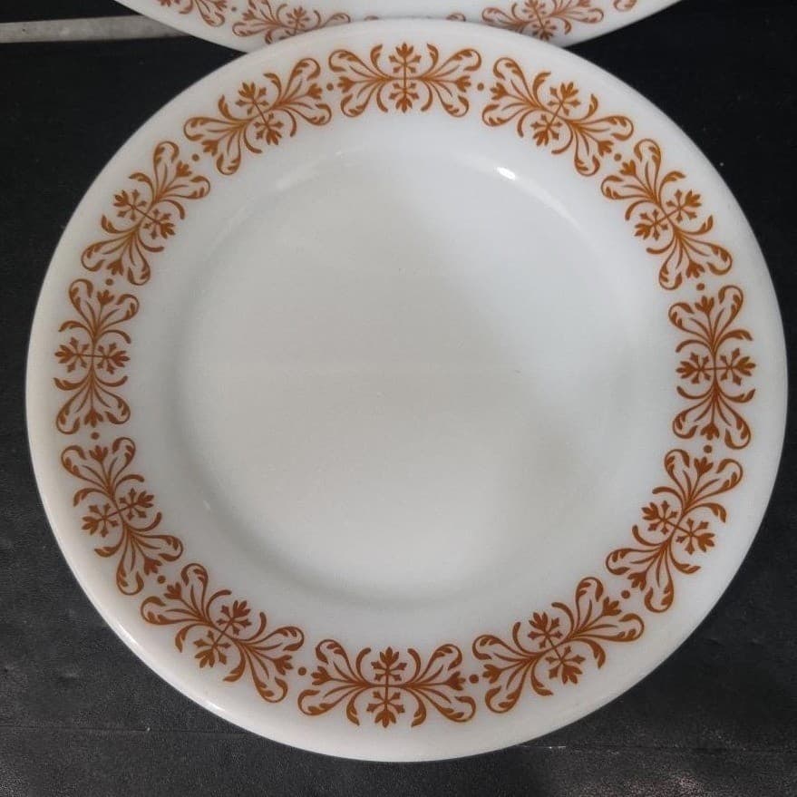 Pyrex Milk Glass Salad Plates, Set of 2, Vtg Copper Filigree Design Dinnerware - Thumbnail 3