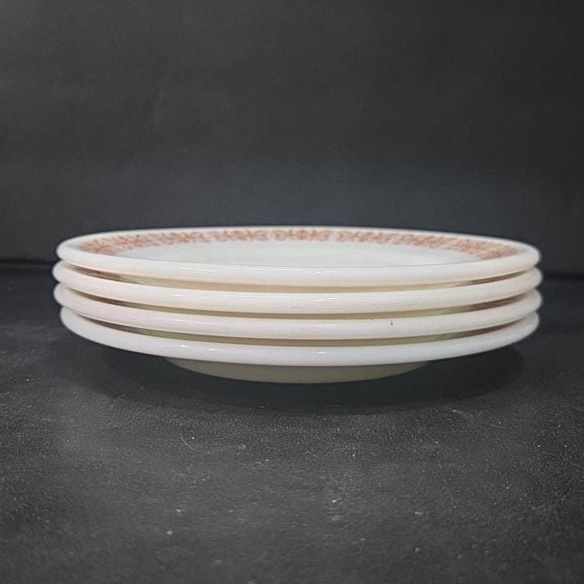 Pyrex Milk Glass Salad Plates, Set of 4, Vtg Copper Filigree Design, Dinnerware - Thumbnail 10