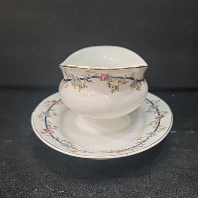Victoria Czechoslovakia Fine China Gravy Boat, Underplate Attached Vtg Tableware - Thumbnail 5