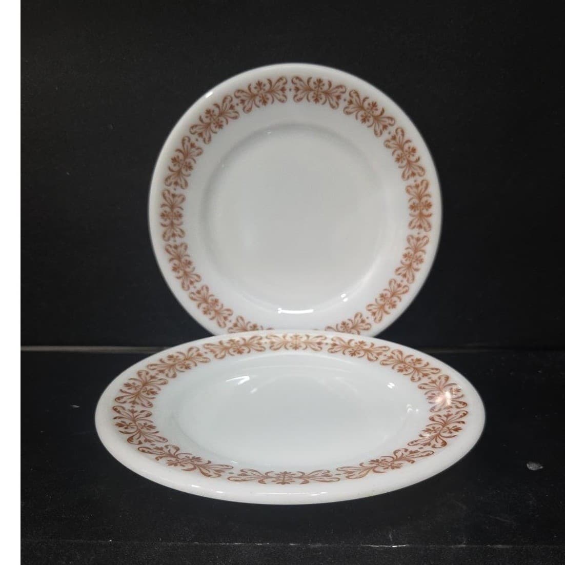 Pyrex Milk Glass Salad Plates, Set of 2, Vtg Copper Filigree Design Dinnerware - Thumbnail 2