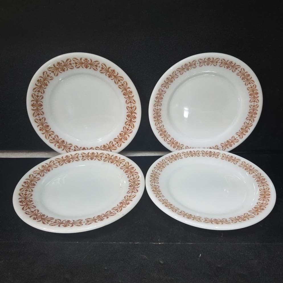 Pyrex Milk Glass Salad Plates, Set of 4, Vtg Copper Filigree Design, Dinnerware - Thumbnail 2