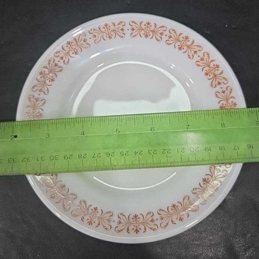 Pyrex Milk Glass Salad Plates, Set of 4, Vtg Copper Filigree Design, Dinnerware - Thumbnail 6