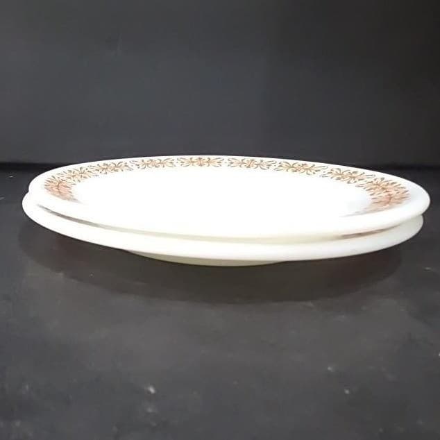 Pyrex Milk Glass Salad Plates, Set of 2, Vtg Copper Filigree Design Dinnerware - Thumbnail 9