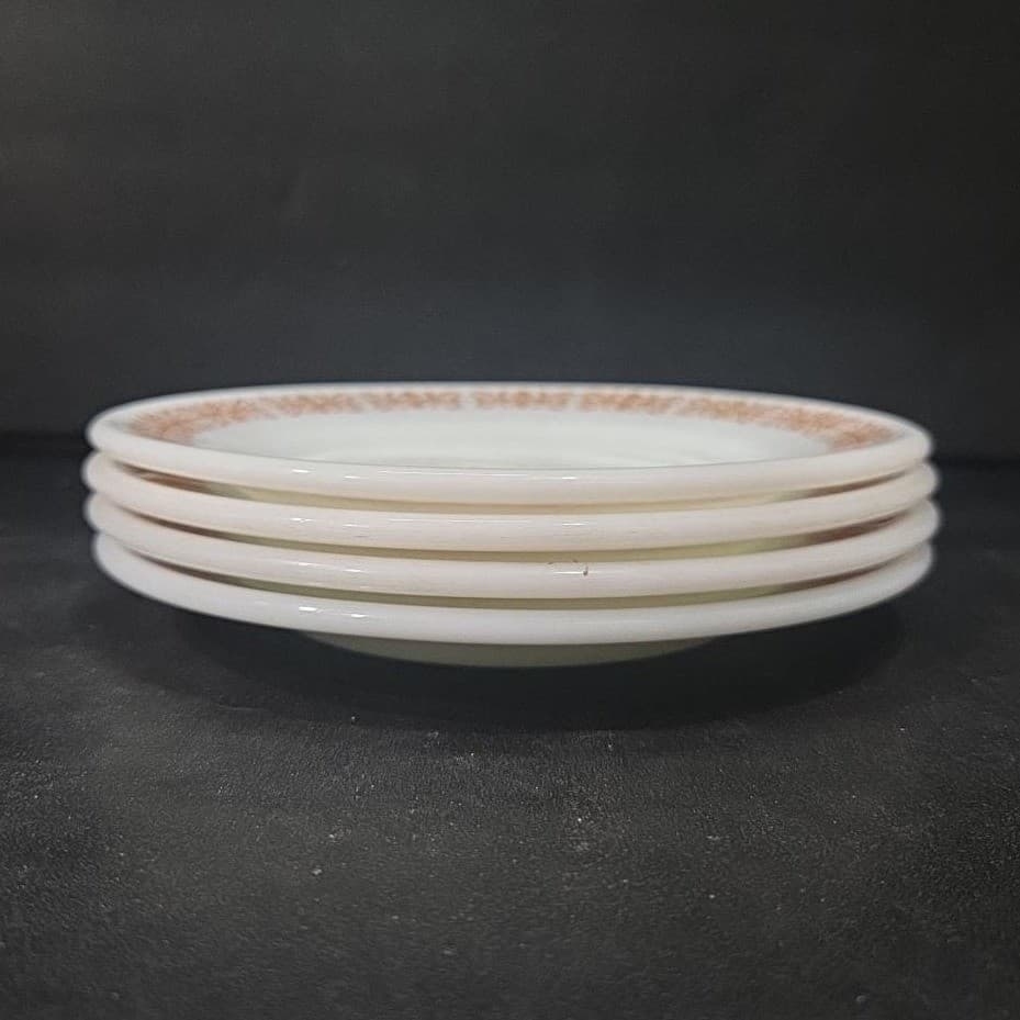Pyrex Milk Glass Salad Plates, Set of 4, Vtg Copper Filigree Design, Dinnerware - Thumbnail 7