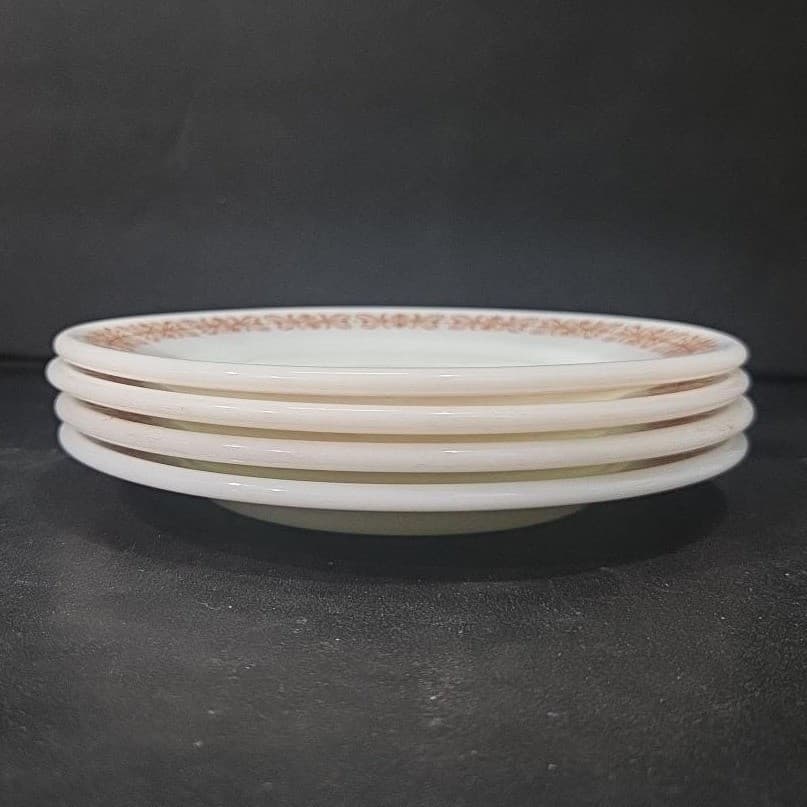 Pyrex Milk Glass Salad Plates, Set of 4, Vtg Copper Filigree Design, Dinnerware - Thumbnail 9