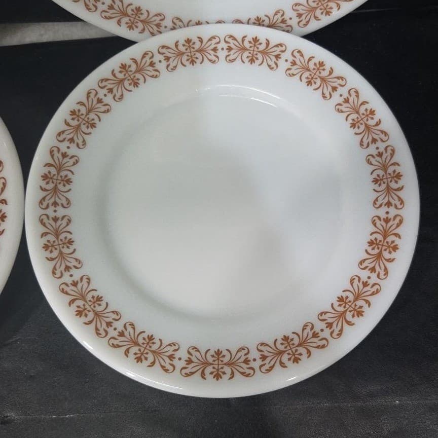 Pyrex Milk Glass Salad Plates, Set of 4, Vtg Copper Filigree Design, Dinnerware - Thumbnail 3