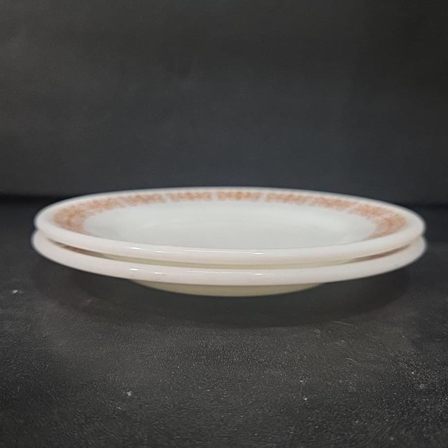 Pyrex Milk Glass Salad Plates, Set of 2, Vtg Copper Filigree Design Dinnerware - Thumbnail 7