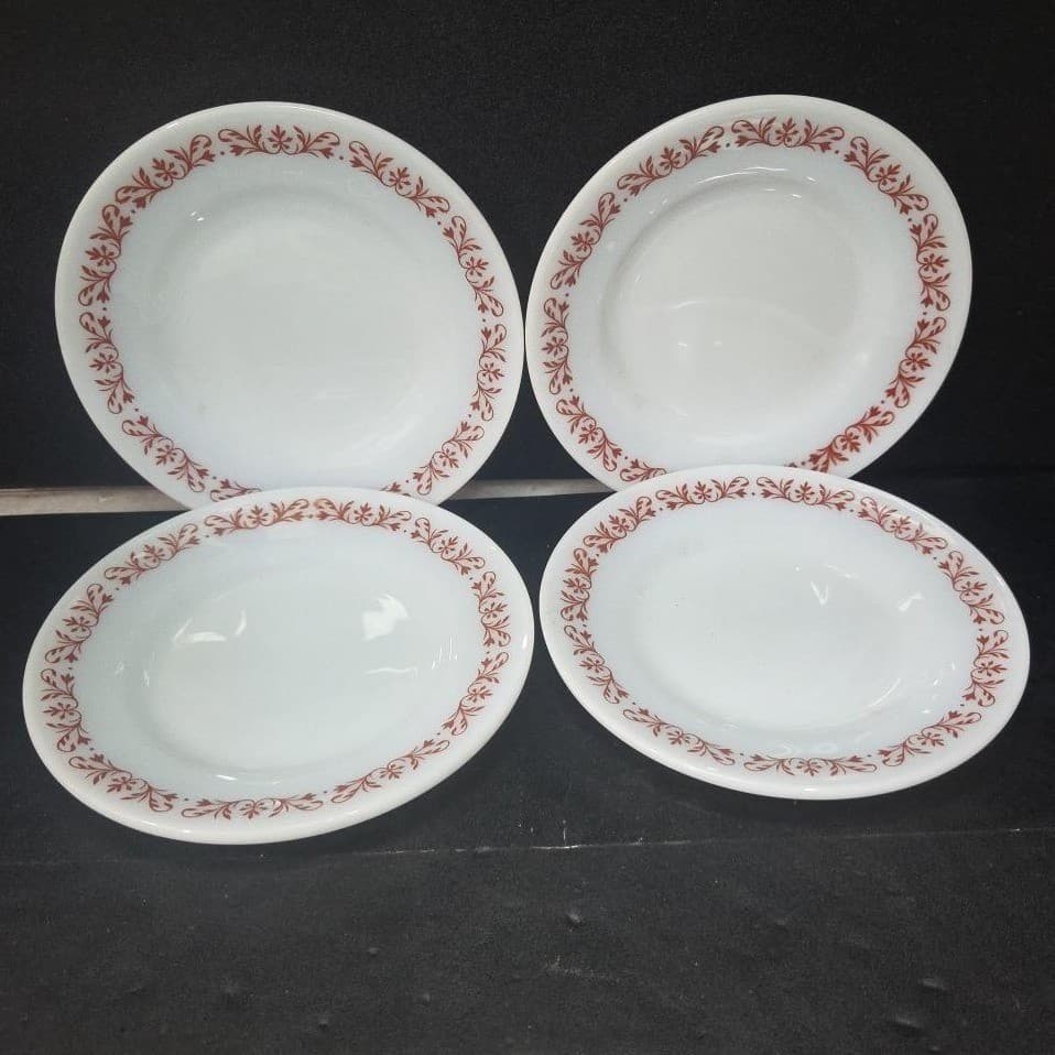Anchor Hocking Milk Glass Salad Plates #947, Set of 4, Copper Filigree Design - Thumbnail 2
