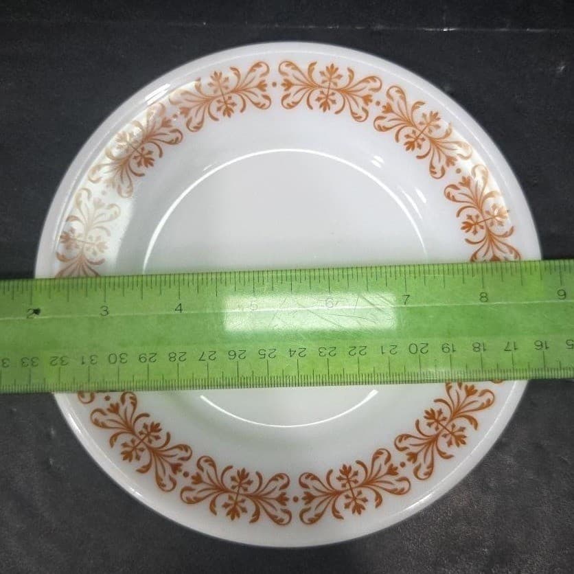 Pyrex Milk Glass Salad Plates, Set of 2, Vtg Copper Filigree Design Dinnerware - Thumbnail 6