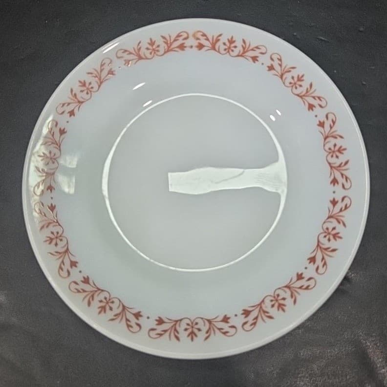 Anchor Hocking Milk Glass Salad Plates #947, Set of 4, Copper Filigree Design - Thumbnail 3