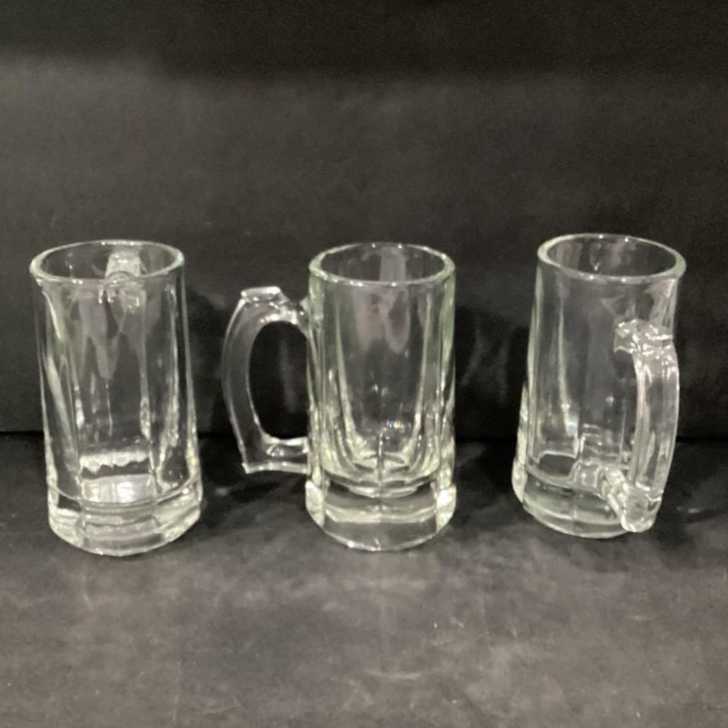 Libbey Beer Mugs, Set of 3, Heavy Glass Tankards, Paneled Sides & Thumb Handles - Thumbnail 4