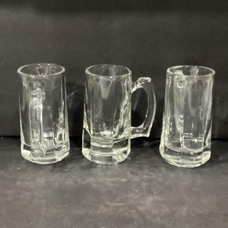 Libbey Beer Mugs, Set of 3, Heavy Glass Tankards, Paneled Sides & Thumb Handles - Thumbnail 2