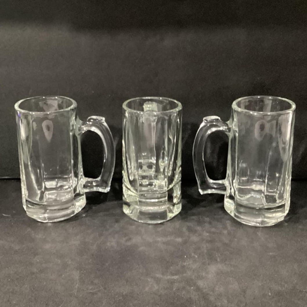 Libbey Beer Mugs, Set of 3, Heavy Glass Tankards, Paneled Sides & Thumb Handles - Thumbnail 3