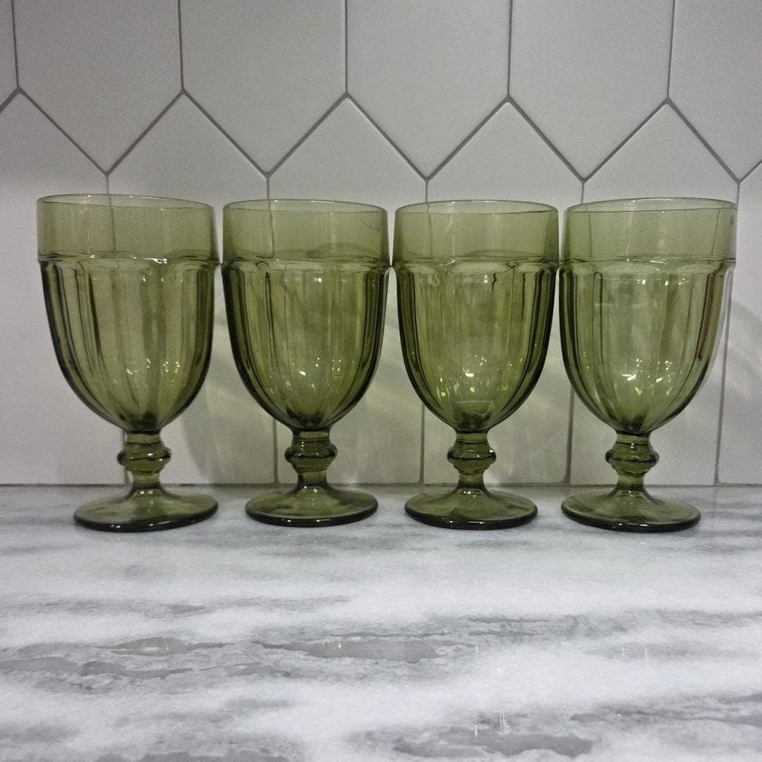 Libbey Gibraltar Olive Green Goblets, Set of 4, Vintage Footed Water Glasses - Thumbnail 5