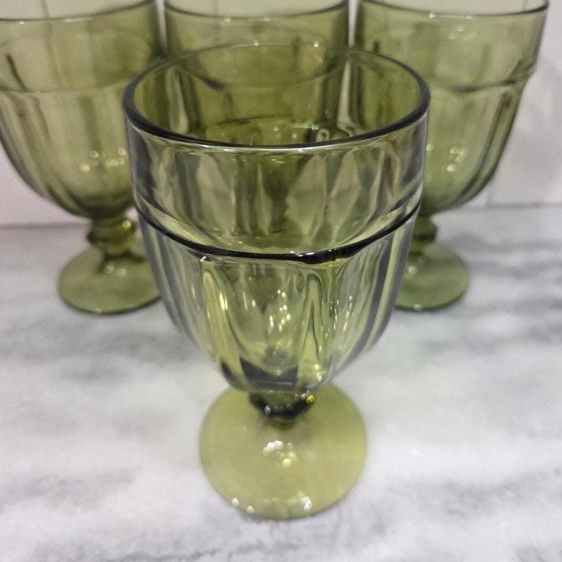 Libbey Gibraltar Olive Green Goblets, Set of 4, Vintage Footed Water Glasses - Thumbnail 6