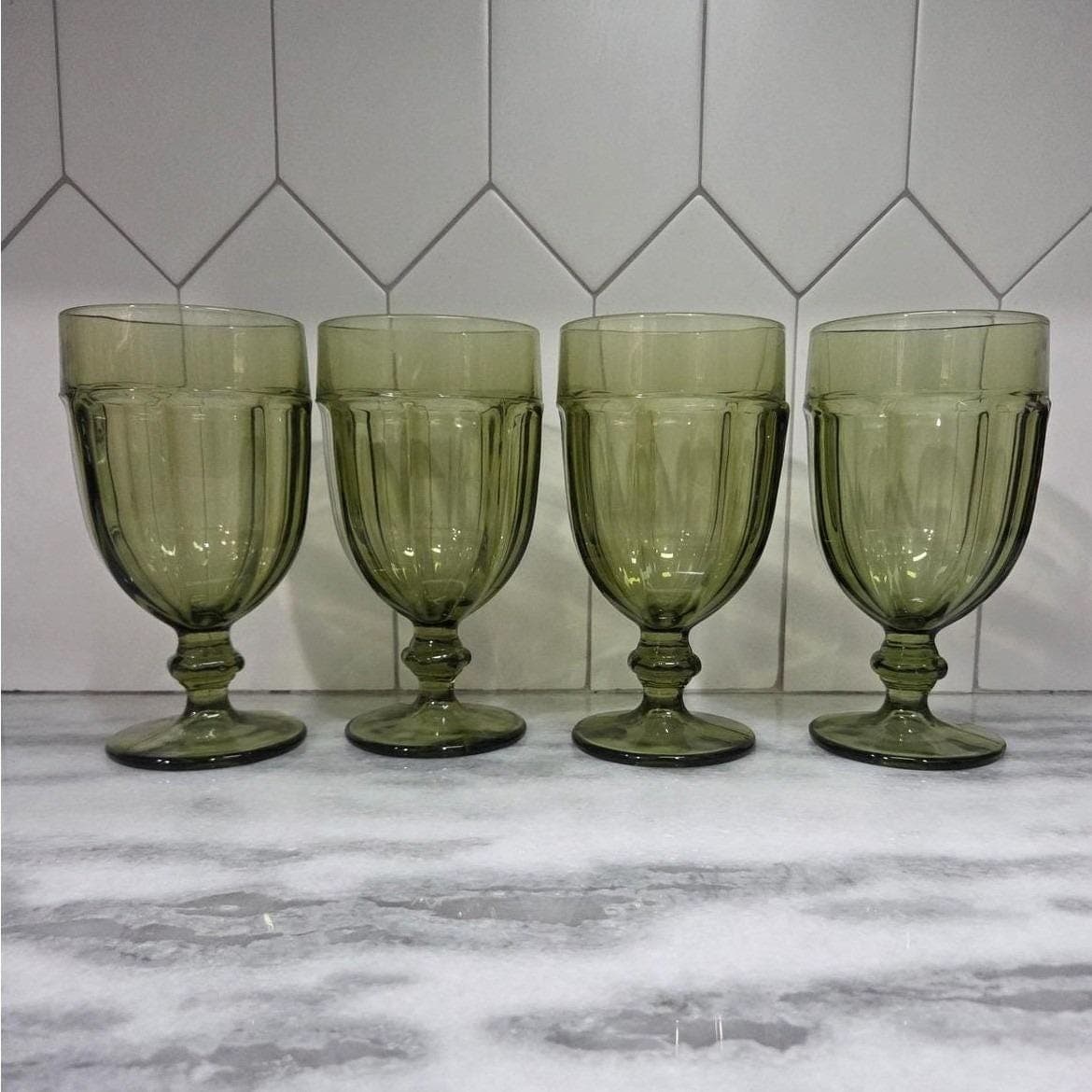 Libbey Gibraltar Olive Green Goblets, Set of 4, Vintage Footed Water Glasses - Thumbnail 2