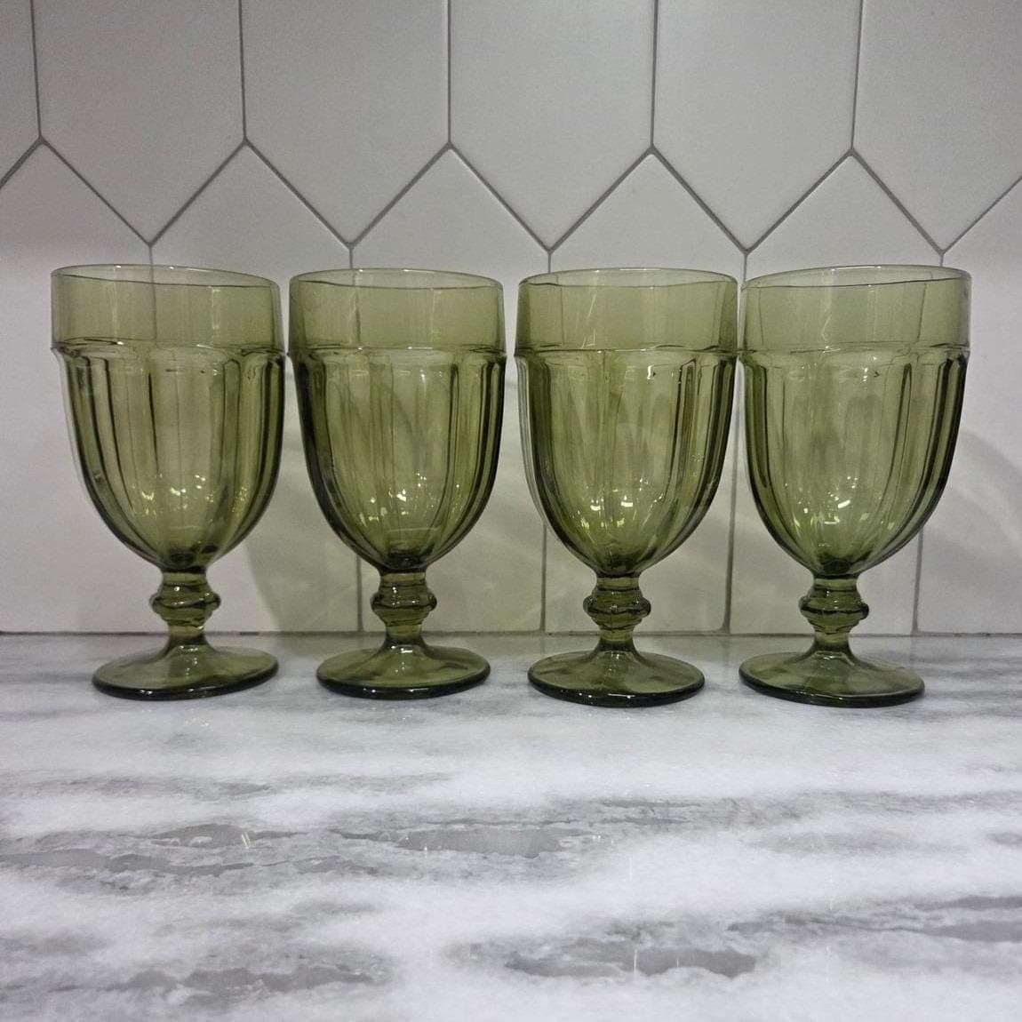 Libbey Gibraltar Olive Green Goblets, Set of 4, Vintage Footed Water Glasses - Thumbnail 3