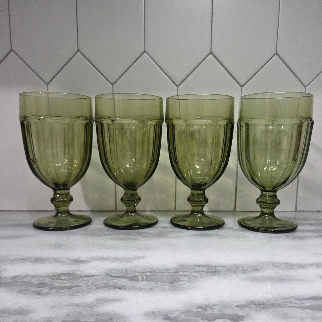 Libbey Gibraltar Olive Green Goblets, Set of 4, Vintage Footed Water Glasses - Thumbnail 4