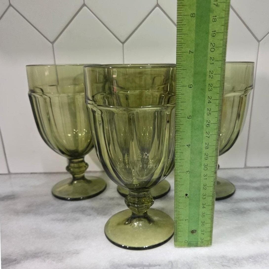 Libbey Gibraltar Olive Green Goblets, Set of 4, Vintage Footed Water Glasses - Thumbnail 9