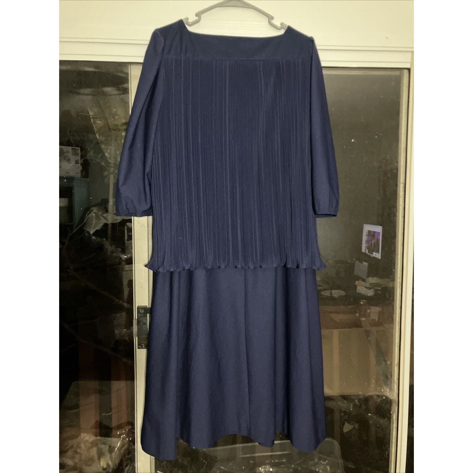 Cue Fashions Navy Blue Lace Dress 16.5, Long Sleeves, Pleated Scalloped Hem - Thumbnail 2