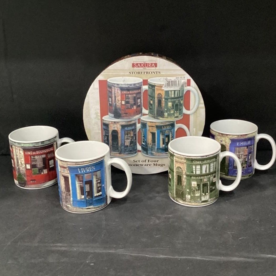 Lot of 4 Sakura Table Storefronts Coffee Mugs Emilie, Livres, Chez Jerome, Vins - Thumbnail 2