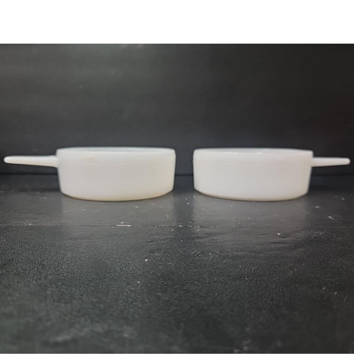 Glasbake Milk Glass Soup Bowls, Set of 2, Vintage Handled Ovenware, Replacements - Thumbnail 2
