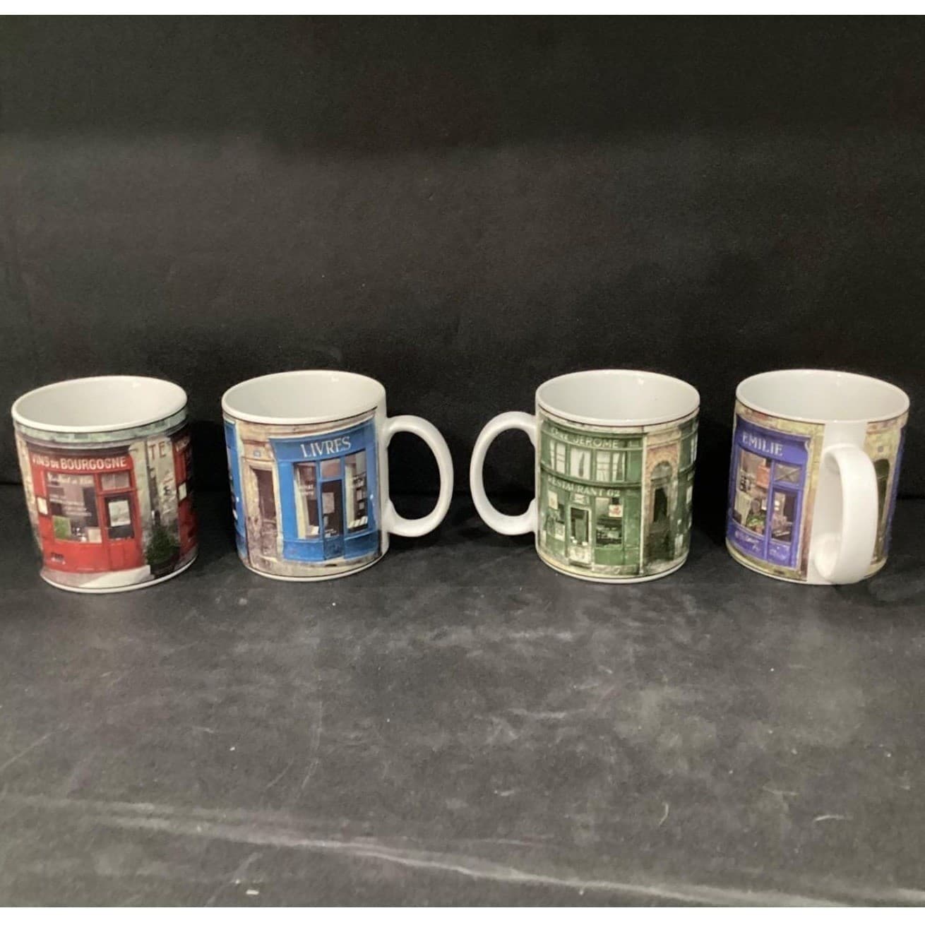 Lot of 4 Sakura Table Storefronts Coffee Mugs Emilie, Livres, Chez Jerome, Vins - Thumbnail 3