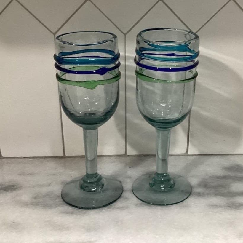Pier 1 Imports Water Goblets, Set of 2, Vintage Hand Blown Multicolor Rings - Thumbnail 4