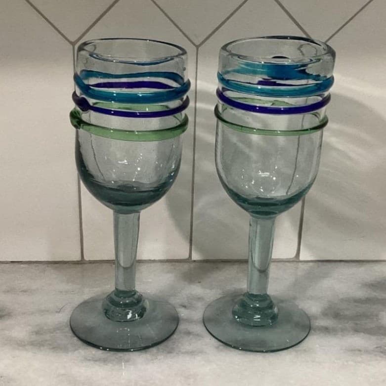 Pier 1 Imports Water Goblets, Set of 2, Vintage Hand Blown Multicolor Rings - Thumbnail 3