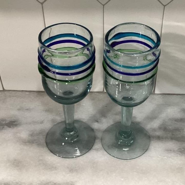 Pier 1 Imports Water Goblets, Set of 2, Vintage Hand Blown Multicolor Rings - Thumbnail 10