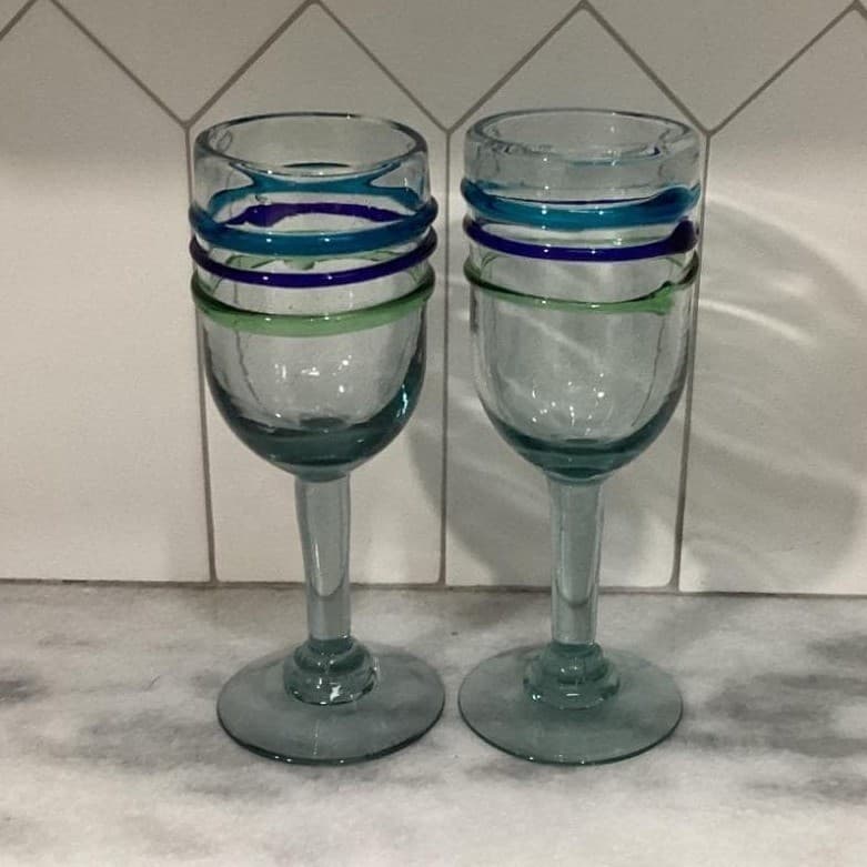 Pier 1 Imports Water Goblets, Set of 2, Vintage Hand Blown Multicolor Rings - Thumbnail 6